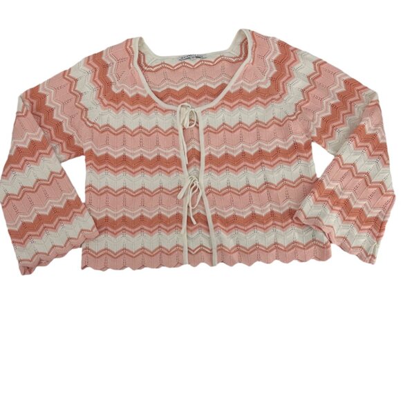 Celebrity Pink Peach & Cream Chevron Knit Tie-Front Cardigan Sweater XXL - Picture 3 of 6